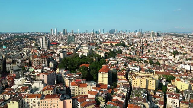 Cinematic Drone View of Modern Skyscrapers and Diverse Buildings in Istanbul, Turkey.