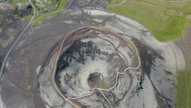 Aerial Drone View Grabrok Crater Next To Raudbrok Crater Near Bifrost In Nordurardalshreppur, Iceland.