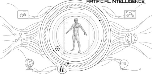 Futuristic interface design with a 3D human model.