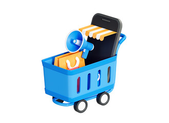 3D Shopping cart with mobile phone, megaphone and shopping bags. Online shopping. E-commerce and digital marketing concept. Cartoon isometric design icon isolated png. 3D Rendering