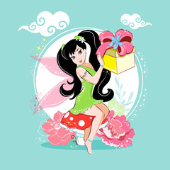 Cute card with beautiful cartoon fairy and present. Vector illustration for children Happy Birthday concept
