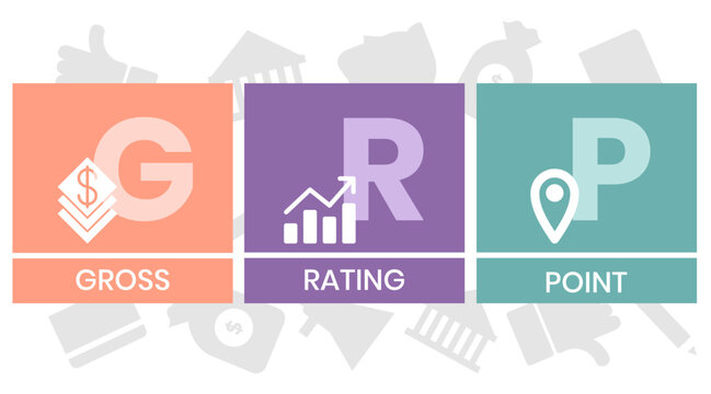 GRP, Gross Rating Point. Concept with keywords, people and icons. Flat vector illustration. Isolated on white background.