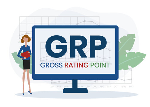 GRP, Gross Rating Point. Concept with keywords, people and icons. Flat vector illustration. Isolated on white background.