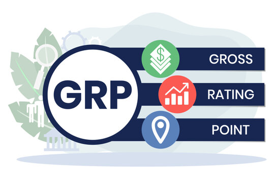 GRP, Gross Rating Point. Concept with keywords, people and icons. Flat vector illustration. Isolated on white background.
