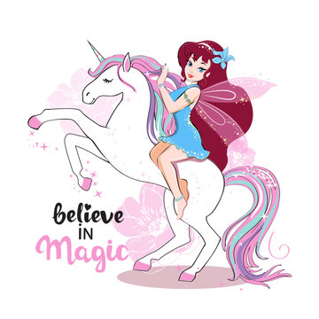 Cute card with beautiful cartoon fairy and unicorn on a white background. Vector illustration for children. Lettering believe in magic