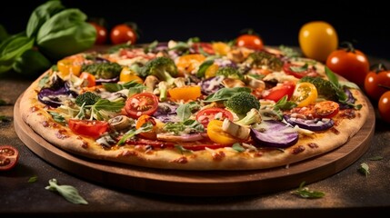 Capture the essence of a California Veggie Pizza, highlighting the vibrant medley of fresh vegetables that define its unique character.