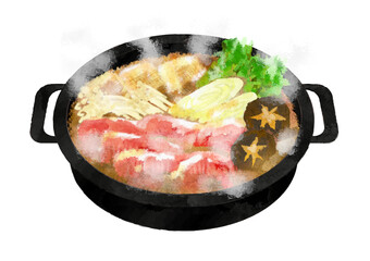 水彩で描いたすきやきのイラスト　湯気あり