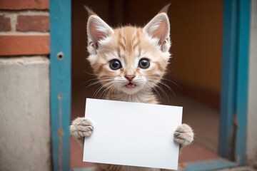 Adorable kitten holding a blank sign