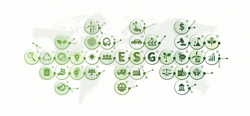 ESG environment social governance investment business strategy concept, Organization sustainable development icons with green geometric template and background for environmental protection flat vector - obrazy, fototapety, plakaty
