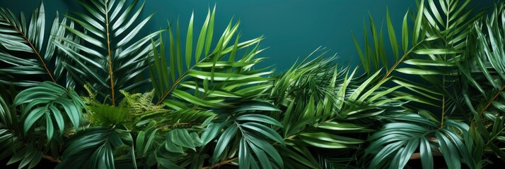 Fototapeta na wymiar Palm Leaf On Green Surface Shadow, Banner Image For Website, Background abstract , Desktop Wallpaper