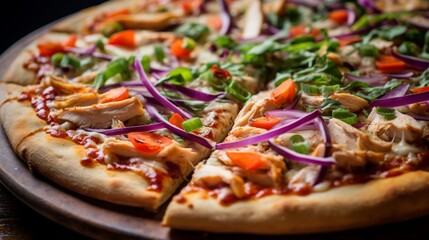 Close-up of Thai Chicken Pizza's toppings, capturing the freshness and vibrancy of its vegetables.