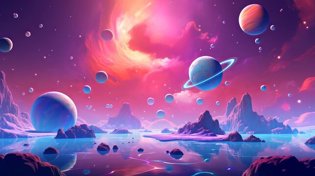Fantasy landscape with planets and stars in deep space.