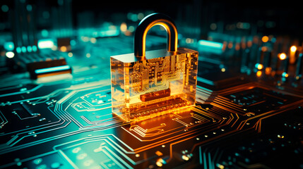 Cyber security concept. Padlock on digital technology background. Cyber data security or information privacy idea in mother server is processing the data.