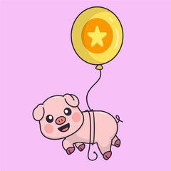 cute pig flying with coin balloons
