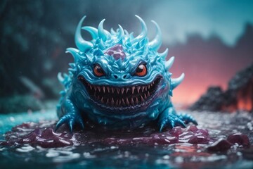 A picture of detailed blue slime monster with a scary smile. - obrazy, fototapety, plakaty