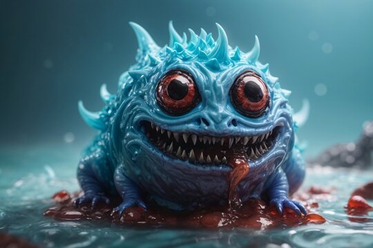 A picture of detailed blue slime monster with a scary smile.