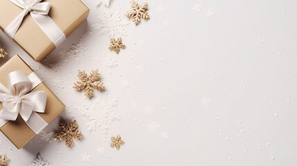 Obraz na płótnie Canvas Gift boxes and snowflakes on white background. Christmas and New Year concept