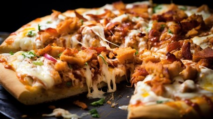 Extreme close-up of a Chicken Bacon BBQ Ranch Pizza showcasing layers of flavor - obrazy, fototapety, plakaty