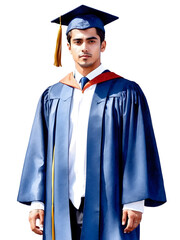 A handsome man on his graduation's day wearing blue graduation gown. Happy man. Creative graphics design. 