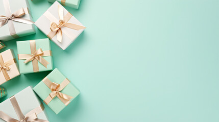 Gift boxes with gold bow on turquoise background. Flat lay, top view.