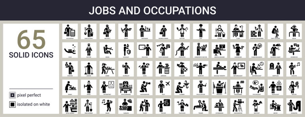 Jobs and occupations icon set in solid style - obrazy, fototapety, plakaty