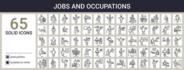 Jobs and occupations icon set in outline style - obrazy, fototapety, plakaty