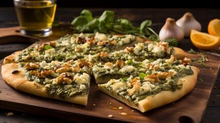 Gourmet Chicken and Blue Cheese Pesto Pizza, focusing on the bold flavors of blue cheese