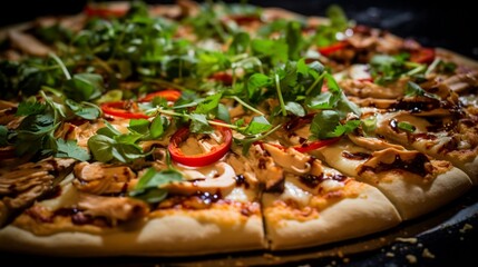 Macro shot of Thai Chicken Pizza's toppings, highlighting the freshness and quality of each...