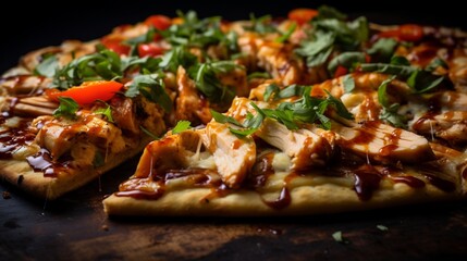 Macro shot of Thai Chicken Pizza's toppings, highlighting the freshness and quality of each...