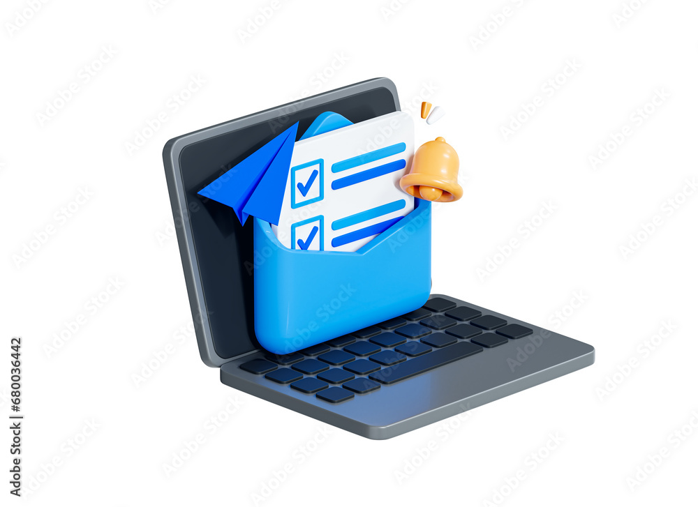 Poster 3d letter with completed task or checklist in envelope on screen computer laptop. new email notifica