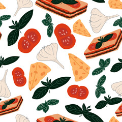 Italian pasta lasagna garlic tomato and basil seamless pattern hand drawn