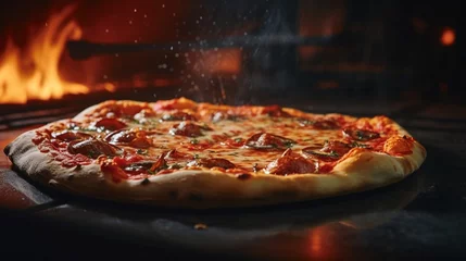 Foto op Plexiglas Moody capture of a pizza being pulled from the oven, emphasizing the steam and the crackling sound of its perfectly baked crust. © nomi_creative
