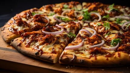 Mouthwatering close-up of a BBQ chicken pizza, showcasing the perfect marriage of flavors with a spotlight on the gooey cheese, charred chicken, and smoky barbecue notes.