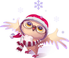 Owl Santa Claus in red hat and striped scarf celebrating Christmas