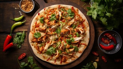 Fototapeta na wymiar Overhead shot of a Thai Chicken Pizza on a wooden table, surrounded by Thai spices and herbs.