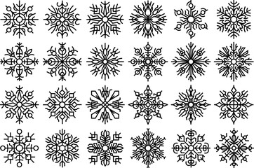 Snowflakes abstract designs set. Collection of beautiful snow flake designs for winter and Christmas decorations. black linear snow icons, abstract stylized illustrations, isolated on white background