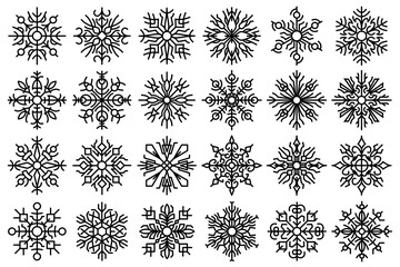 Snowflakes abstract designs set. Collection of beautiful snow flake designs for winter and Christmas decorations. black linear snow icons, abstract stylized illustrations, isolated on white background