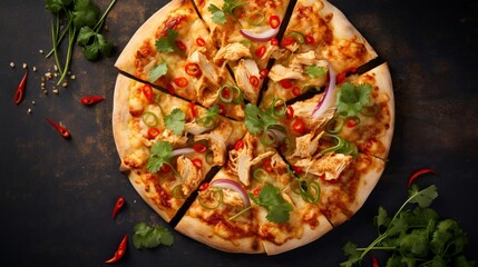 Overhead view of a Thai Chicken Pizza on a marble surface, creating an elegant and sophisticated aesthetic.