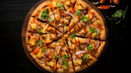 Overhead view of a Thai Chicken Pizza on a black background, emphasizing its vibrant and appetizing appearance.