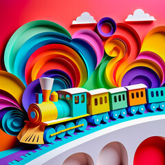 Paper art train illustration on the abstract background.