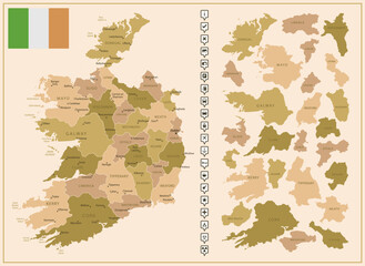 Ireland - detailed map of the country in brown colors, divided into regions.
