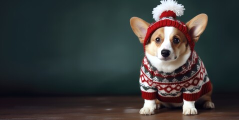 cute dog in Christmas clothes on on color background with space for text
