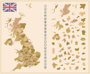 United Kingdom - detailed map of the country in brown colors, divided into regions.