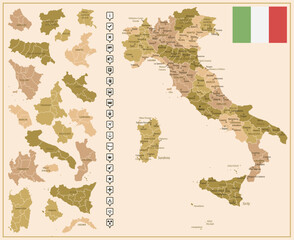 Italy - detailed map of the country in brown colors, divided into regions.