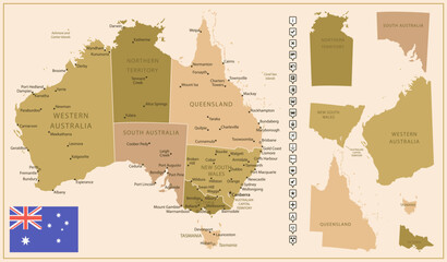 Australia - detailed map of the country in brown colors, divided into regions.