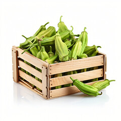 Angled view close up of okra pods vegetable crate