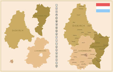 Luxembourg - detailed map of the country in brown colors, divided into regions.
