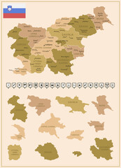 Slovenia - detailed map of the country in brown colors, divided into regions.