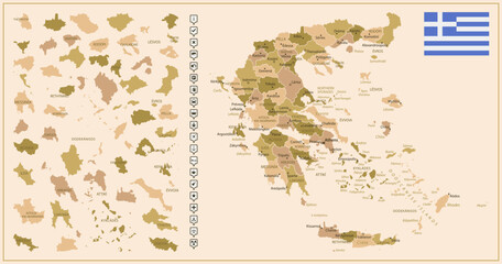 Fototapeta premium Greece - detailed map of the country in brown colors, divided into regions.