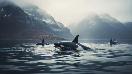 Orcas or killer whales in Norwegian fjord hunting - obrazy, fototapety, plakaty